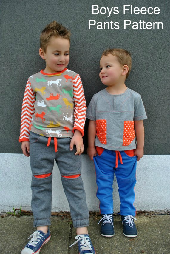 The Roscoe Pants are fun for your boys to wear and the Tutorial shows you how to make two versions – (1) The plain pant with contrast knee splices (2) The contrast pocket and side stripe option. The fit is super slim and modern with an elastic pull-on waist and a tie. There are deep front pockets and patch pockets on the back. The cuffs can be plain hemmed or with elastic inserted. 