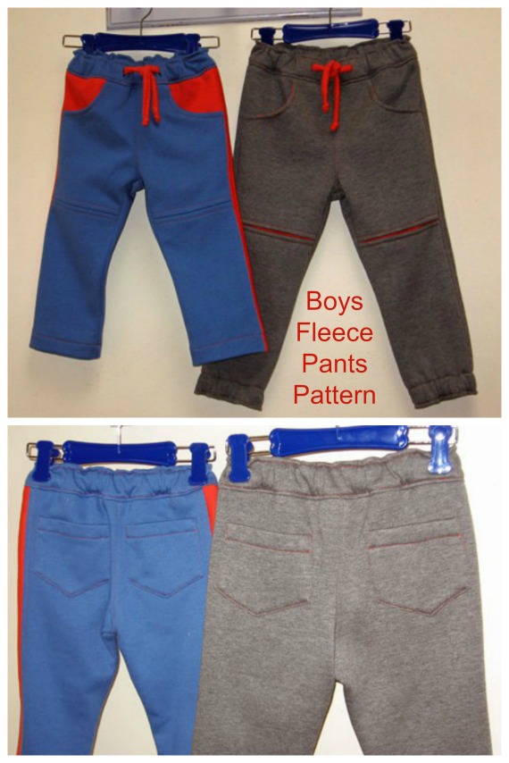 The Roscoe Pants are fun for your boys to wear and the Tutorial shows you how to make two versions – (1) The plain pant with contrast knee splices (2) The contrast pocket and side stripe option. The fit is super slim and modern with an elastic pull-on waist and a tie. There are deep front pockets and patch pockets on the back. The cuffs can be plain hemmed or with elastic inserted. 