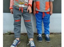 The Roscoe Pants are fun for your boys to wear and the Tutorial shows you how to make two versions – (1) The plain pant with contrast knee splices (2) The contrast pocket and side stripe option. The fit is super slim and modern with an elastic pull-on waist and a tie. There are deep front pockets and patch pockets on the back. The cuffs can be plain hemmed or with elastic inserted.
