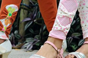 Girls leggings sewing pattern with option for ruffles or cute bow detailing at the bottom of the leg