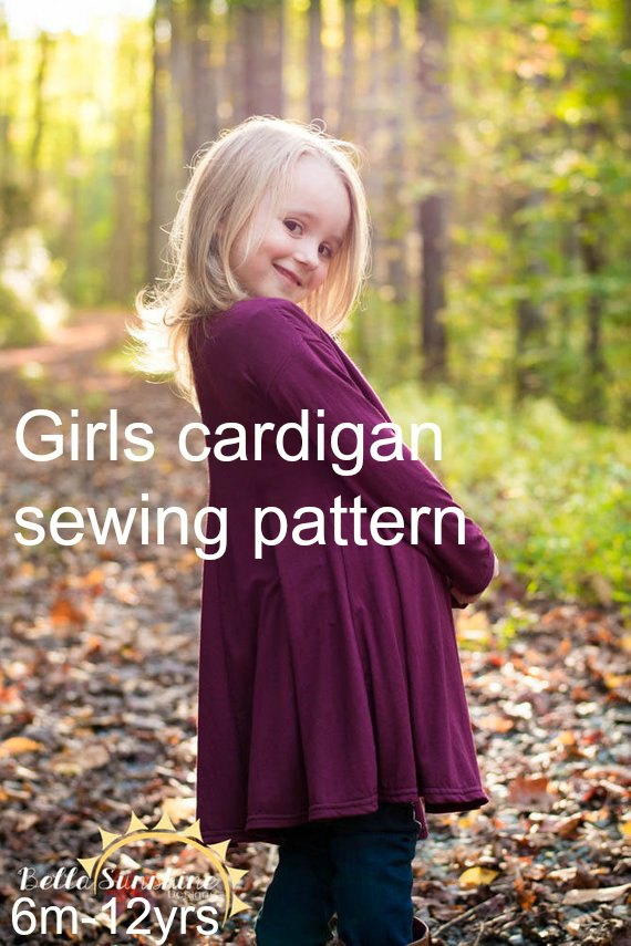 Girls cardigan sewing pattern. Available in two length, tunic length and knee length. Girls jacket, outerwear, cardigan sewing pattern. Uses knit fabrics and also available in womens size.