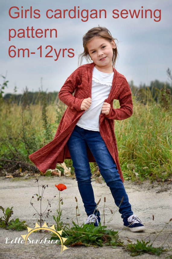 Girls cardigan sewing pattern. Available in two length, tunic length and knee length. Girls jacket, outerwear, cardigan sewing pattern. Uses knit fabrics and also available in womens size.