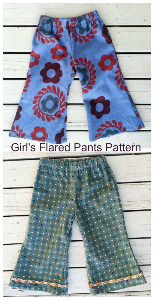 Here's a really great pattern for confident beginners with some sewing experience. These Girl's Flared Pants are very easy and quick to make, there are just two pattern pieces. They are also easy to wear with no zip or fly, just pull them up. These retro style flared girls pants come with the option to embellish the trouser legs with ribbons or lace. They are a year-round wardrobe essential.