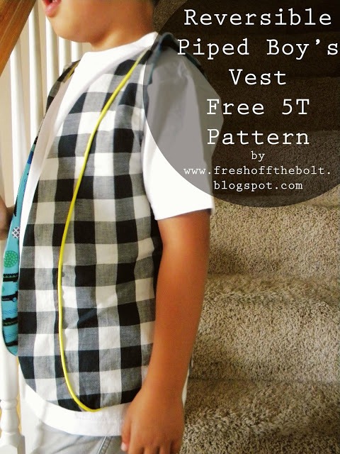 Use this FREE pattern and make a great Reversible Piped Boy's Vest. It's both very fun and very easy. There are no buttons, no zippers, no pockets for you to worry about. It's a great beginner sewing project that can produce some amazing results depending on the fabrics that you choose.