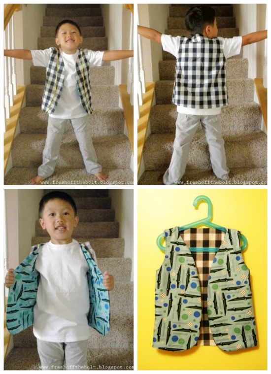 Use this FREE pattern and make a great Reversible Piped Boy's Vest. It's both very fun and very easy. There are no buttons, no zippers, no pockets for you to worry about. It's a great beginner sewing project that can produce some amazing results depending on the fabrics that you choose.