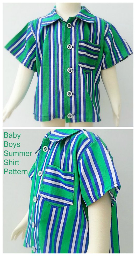 Here's your chance to make this cute button-up short sleeved designer shirt for baby boys with this excellent pattern. The shirt has lots of lovely features like Short sleeves, A neat bias binding feature on the inside collar, A pocket, Cute little side splits and a shoulder yoke with pleat detail.