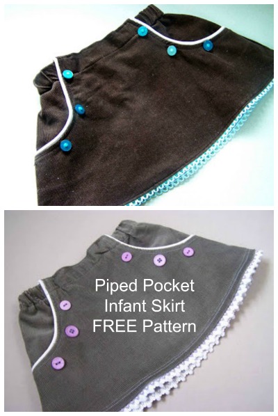 We love to bring you FREE patterns and tutorials here at Sew Modern Kids. This one today is the Piped Pocket Skirt, which is for an infant about a 3-6 month size, but it could easily be adjusted to fit a larger or smaller baby by adjusting the length and the amount of elastic gather.