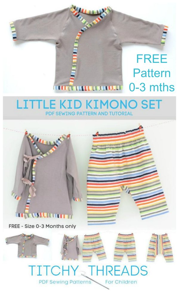 How cool is this Little Kid Kimono Set? The designer has produced this set in a free pattern. The top and trousers come together as an adorable set but they can also be used separately.
