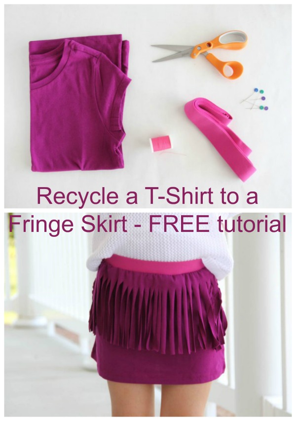 Recycling is a wonderful thing to do and with this FREE tutorial you can learn how to recycle a T-Shirt into a cute looking Fringe Skirt. So you take any T-Shirt and change it to a Fringe Skirt. You can take an old T-Shirt or a favorite T-Shirt or even go out and buy a lovely looking new T-Shirt and turn it into this trendy Fringe Skirt.