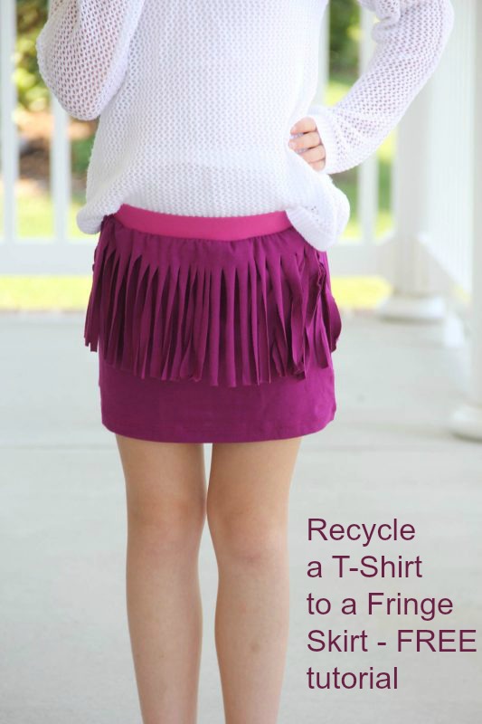 Recycling is a wonderful thing to do and with this FREE tutorial you can learn how to recycle a T-Shirt into a cute looking Fringe Skirt. So you take any T-Shirt and change it to a Fringe Skirt. You can take an old T-Shirt or a favorite T-Shirt or even go out and buy a lovely looking new T-Shirt and turn it into this trendy Fringe Skirt.