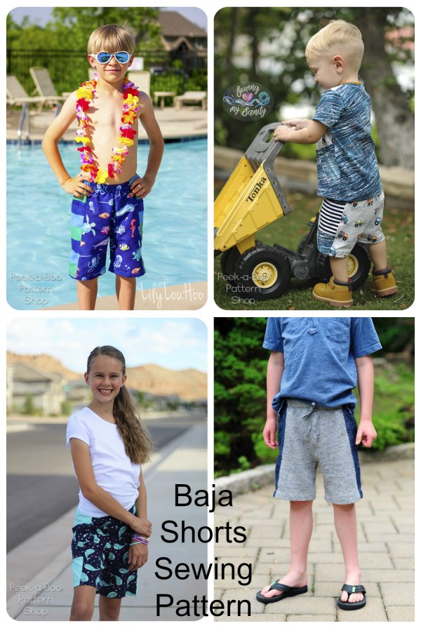 The Baja Shorts can be made from your favorite knit or woven fabrics and this digital sewing pattern includes the following options: Shorties or Knee-Length, an Optional Pocket, an Optional Faux Drawstring and an Optional Lining in sizes 2T to 12 for sports swimming.