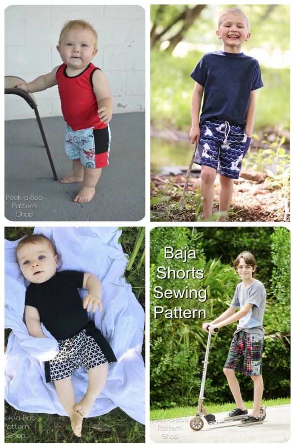 The Baja Shorts can be made from your favorite knit or woven fabrics and this digital sewing pattern includes the following options: Shorties or Knee-Length, an Optional Pocket, an Optional Faux Drawstring and an Optional Lining in sizes 2T to 12 for sports swimming.