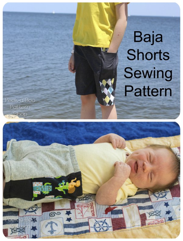 The Baja Shorts can be made from your favorite knit or woven fabrics and this digital sewing pattern includes the following options: Shorties or Knee-Length, an Optional Pocket, an Optional Faux Drawstring and and Optional Lining in sizes 2T to 12 for sports swimming.