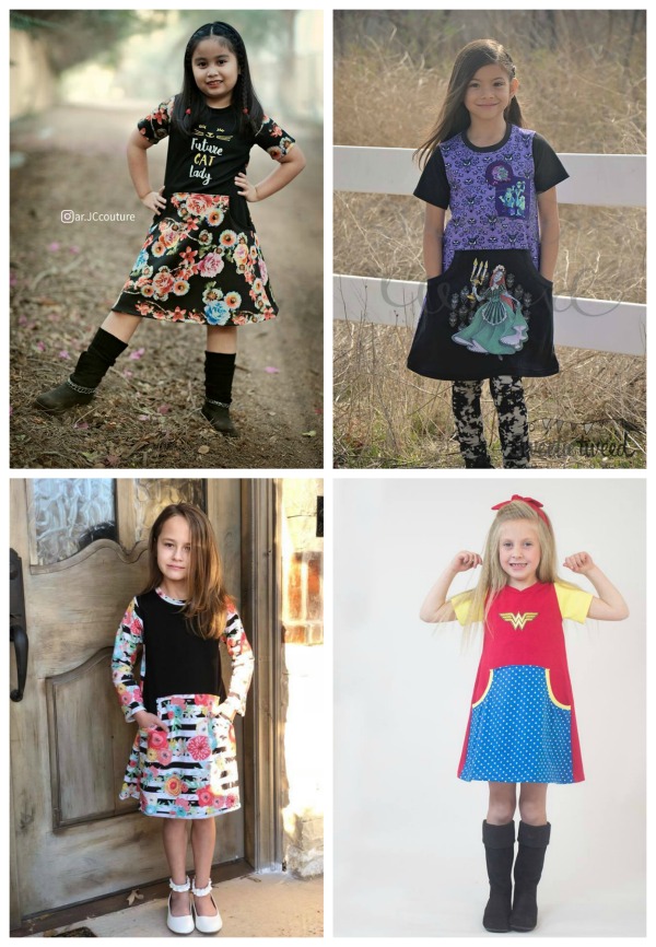 The Girl's Be Independent Dress, Skirt and Shorties digital sewing pattern is a really unique pattern that can be made in so many different ways. These dresses look absolutely fabulous, which makes this digital pattern a must have! The designer used 50% four-way stretch knits when making this project and they have made the pattern available in many sizes from 12 months to big girl 14.