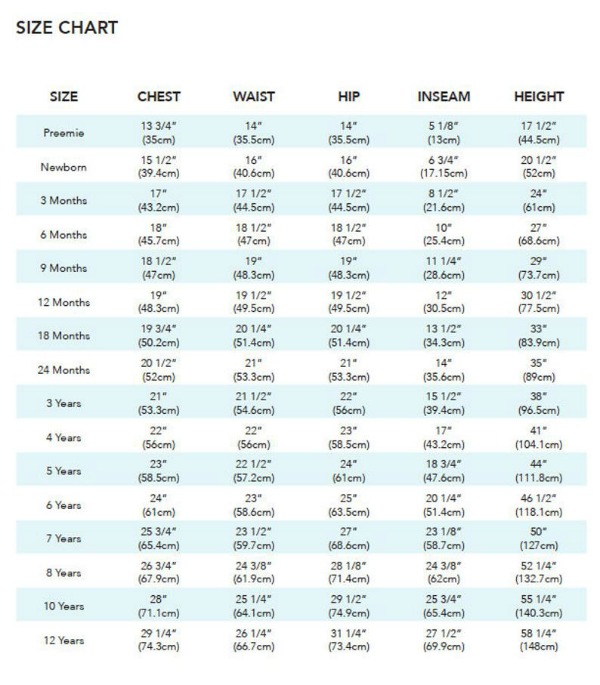 Simple Shirt sewing pattern (Preemie to 12 years) - size chart