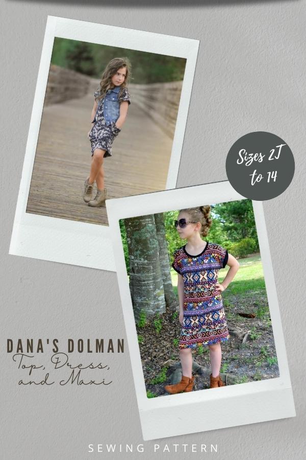 Dana's Dolman Top, Dress, and Maxi sewing pattern (Sizes 2T to 14)