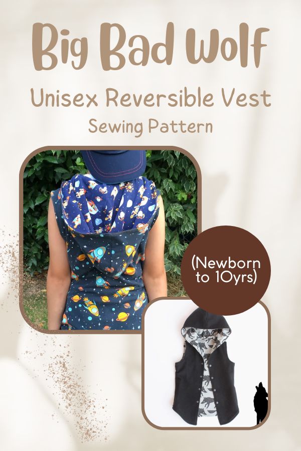 Big Bad Wolf Unisex Reversible Vest sewing pattern (Newborn to 10yrs)