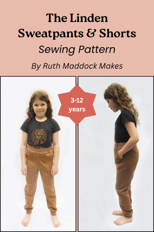 The Linden Sweatpants and Shorts sewing pattern by Ruth Maddock Makes shown in picture are finished sweatpants on girl