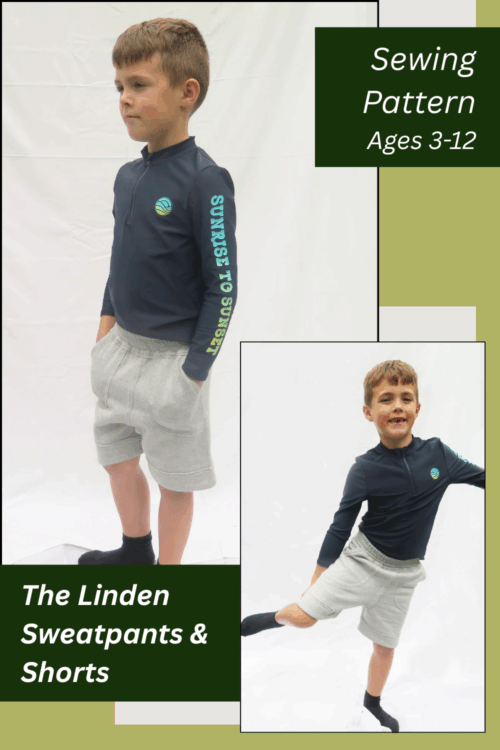 The Linden Sweatpants and shorts finished product. Image shows boy wearing grey shorts