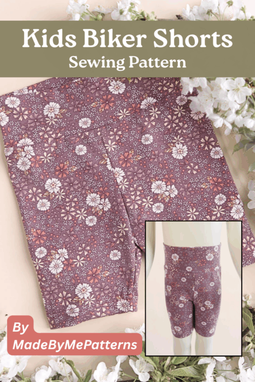 Kids Biker Shorts Sewing pattern by MadeByMePatterns for ages 1 month to 10 years shown on a mannequin